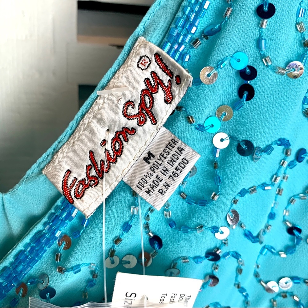 NWT VINTAGE Aqua Sleeveless Sequin & Beaded Top - Picture 5 of 7
